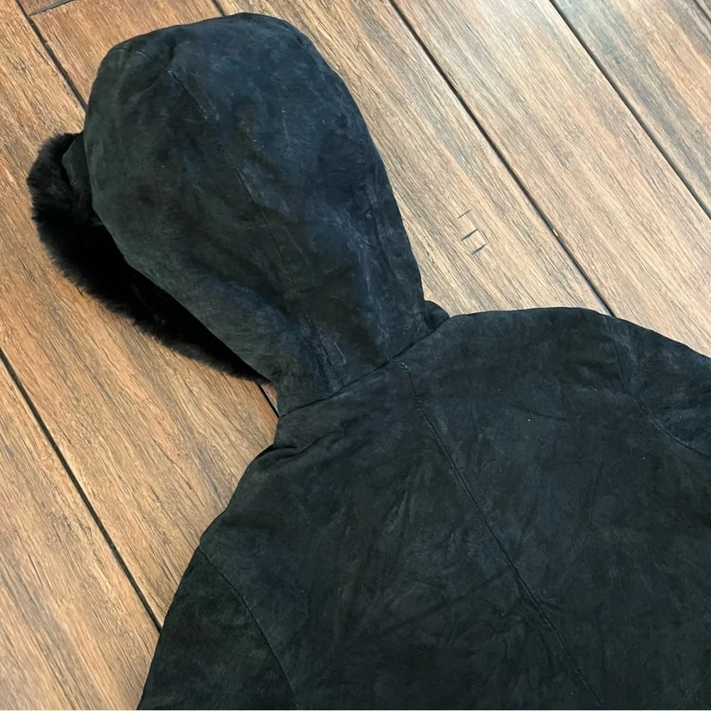Wilsons Leather Girls Black Suede Fur Trimmed Coat XS Kids Hooded 4 5 Jacket